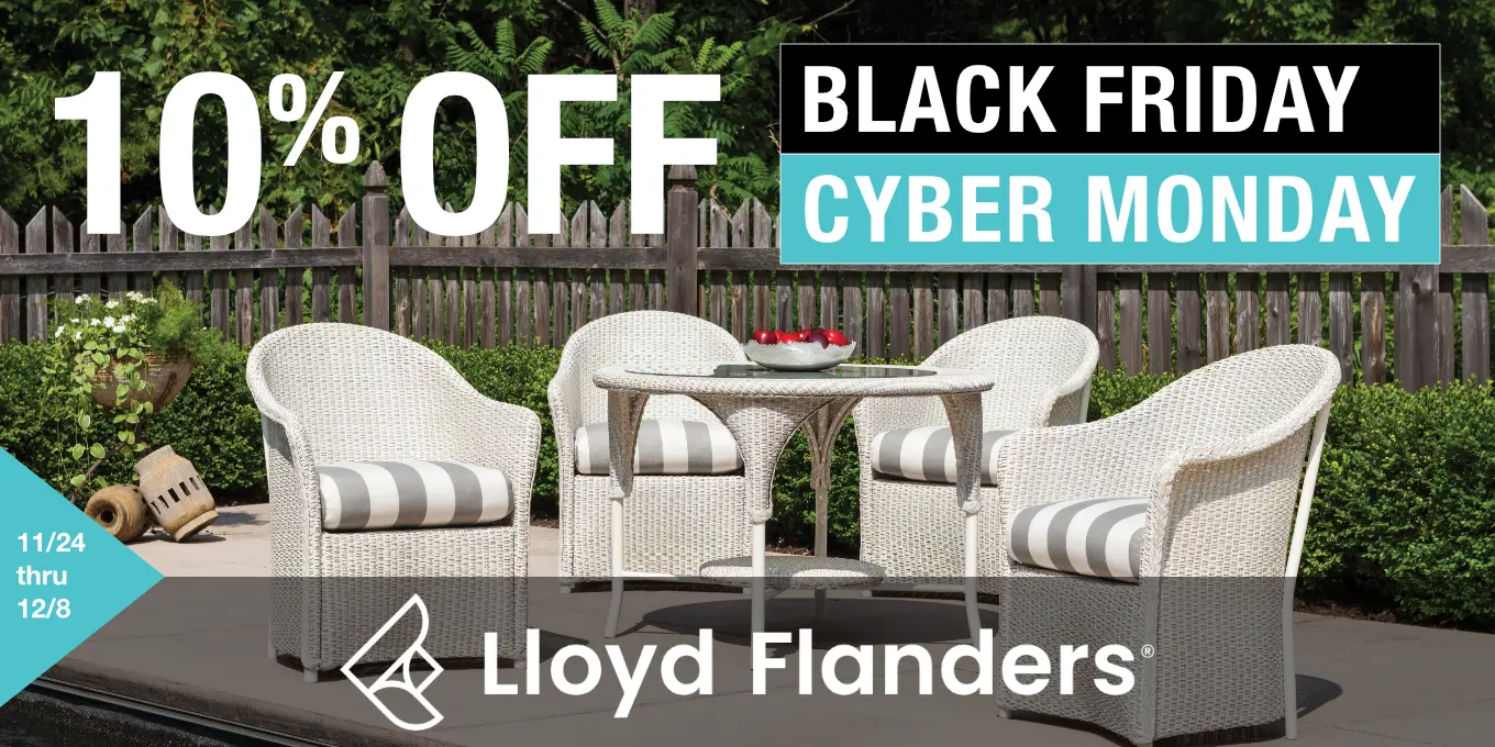 White outdoor wicker dining set with 10% off Lloyd Flanders products promotion