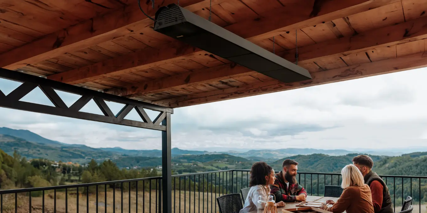 Long black gas outdoor heater suspended above a deck